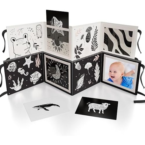 Soft Tummy Time Book w/ Stimulating Baby Safe Mirror - Fun Black and White Montessori Toy w/ Crinkle Filling & 20 High Contrast Designs - Perfect Newborn Toy For Safe and Early Infant Development