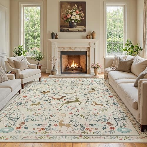 8x10 Area Rugs Washable Rug: Large Boho Living Room Rug Soft Non-Slip Low Pile Carpet Indoor Floor Non-Shedding Neutral Floral Carpets for Bedroom Dining Room Farmhouse Nursery Beige Animal