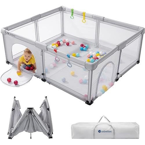 Foldable Baby Playpen,Portable Playpen for Babies and Toddler, 59 * 71 Inch Kids Travel Play Pen with 4 Handlers,Carry Bag,Large Lighgtweight Baby Play Yard for Indoor&Outdoor,Light Gray