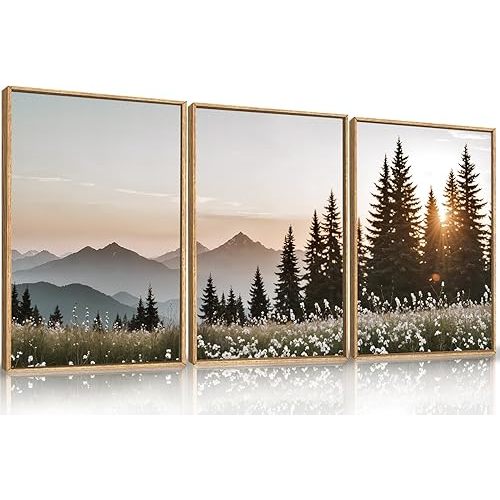 Large Mountain Sunlight Calming Framed Canvas Wall Art Set,Boho Nature Pine Tree Landscape Wall Decor,Modern Sunrise Forest Art Printing for Living Room,Bedroom-16 x24 x3