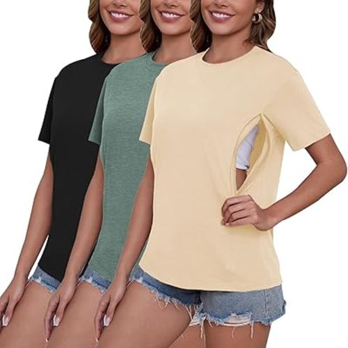 Ecavus Women's 3-Pack Nursing Shirts for Breastfeeding with Hidden Zippers Loose Fit Maternity Tops