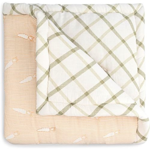 Crane Baby Quilted Baby Blanket, Reversible 100% Cotton Exterior Baby Quilt, Carrot Stripe and Sage Check Pattern, Hand Quilted Blanket for Boys and Girls Nursery Decor, Stroller Blanket, 36" x 36"