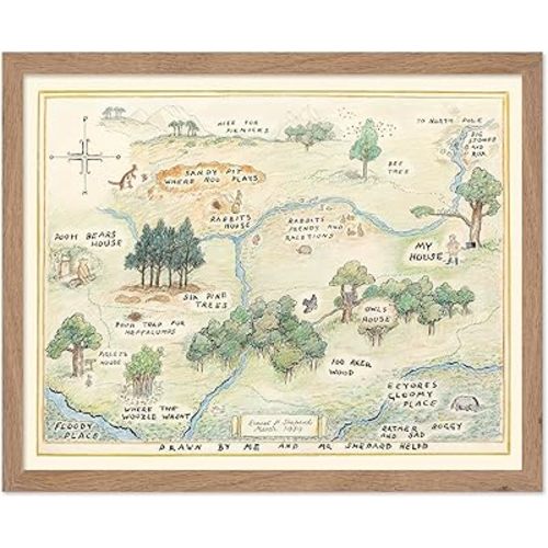 Poster Master Vintage Illustration Poster - Retro Landscape Print - Gift for Baby, Kid - 100 Acre Wood Map, Bear, Pig, Animal, Famous Cartoon - Wall Decor for Bedroom Nursery, 8x10 Beige Framed