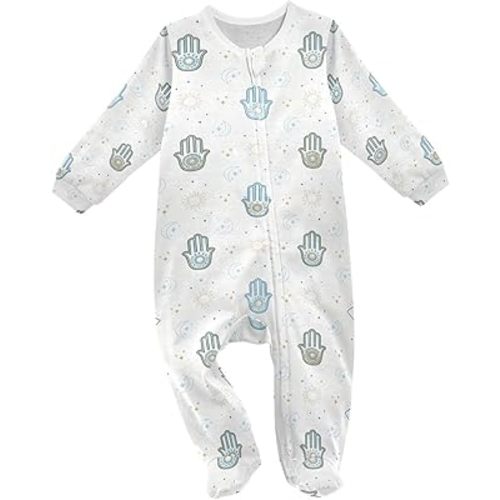 JUNZAN Hamsa Hand with Celestial Symbols Pattern Baby Boys One-Piece Footies Cotton Girls Romper Babysuits Sleeper Pajamas