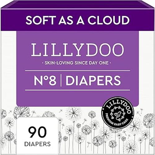 LILLYDOO Baby Diapers - Size 8 (37+ lbs), Monthly Supply (90 Count), Leak Protection, Skin-Friendly, Ultrasoft, Perfume- & Chlorine-Free, Hypoallergenic, Dermatologist Tested, Oeko-TEX®