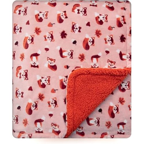 DaysU Plush Flannel Sherpa Baby Blanket for Girls Boys, Portable Reversible Soft Micro Fleece Baby Crib Throw Blanket with Animal Print for Newborn and Nursery, Fox, 30"x40"