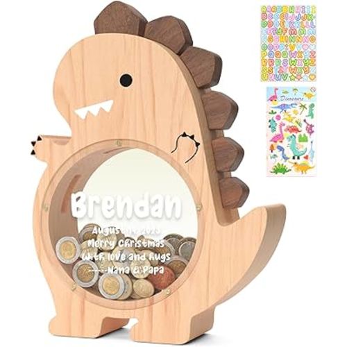 Summidate Wooden Dinosaur Piggy Bank for Kids Boys, Cute Wood Dino Money Bank for Toddlers, Creative Saving Coin Jar, Personalized Present for Child Birthday & Decor (Tyrannosaurus, Custom)
