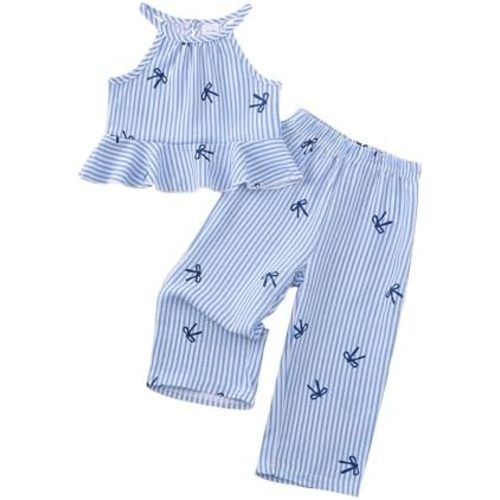 Kucnuzki Baby Girl Clothes Toddler Girl Summer Outfits Sleeveless Ruffle Halter Tops Wide Leg Pants Kids Clothing Set