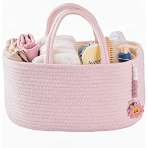 Baby Diaper Caddy Organizer for Girl Boy Rope Nursery Storage Bin Basket Portable Holder Tote Bag for Changing Table Car Travel Baby Shower Gifts Newborn Essentials Registry Must Have Items Pink