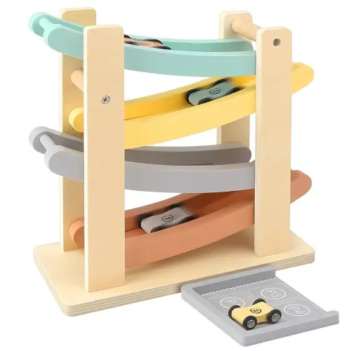 Joyreal Montessori Toys for 1 2 Year Old Boys and Girls - Soft Color Wooden Car Ramp Race Track Set with 4 Mini Cars & Garage - Christmas Birthday Gifts for Toddlers 1-3 Year Old