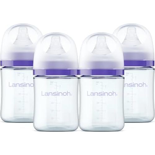 Lansinoh Anti-Colic Glass Baby Bottles, Purple Collar, 5 Ounces, 4 Count | Slow Flow Nipples (S), 1-3 Months, Borosilicate Glass, Lansinoh Bottles with NaturalWave Design, Baby Feeding Essentials