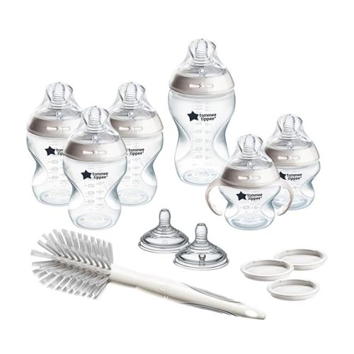 Tommee Tippee Natural Start 12 Piece BPA Free Bottle Set, Includes 2 x 5 oz, 3 x 9 oz, 1 x 11 oz Bottles, Newborn 0+ Months, Slow, Medium & Thicker Flow Breast-Like Nipples, Cleaning Brush, Clear