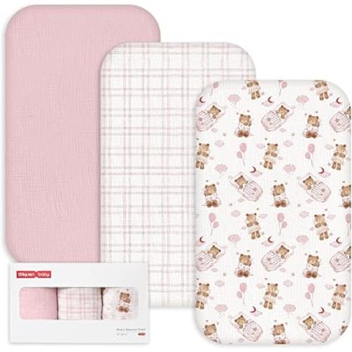 Gllquen Baby 3-Pack Muslin Cotton Bassinet Sheets, 33"x20" Bedside Sleeper