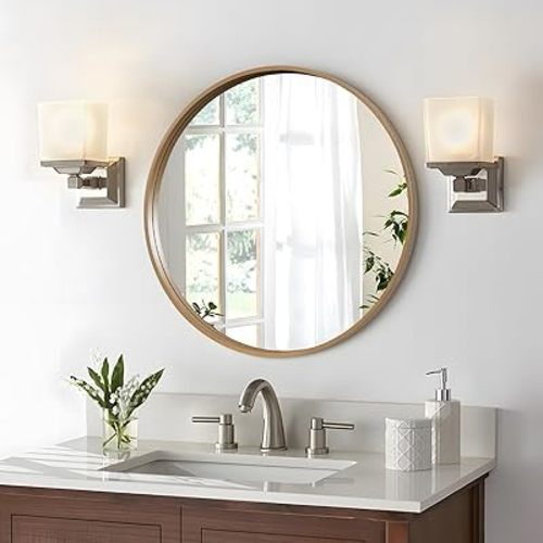WallBeyond Round Wood Mirror 28" Circle Wall Mirror for Bathroom Round Wall Mirror for Wall Decor, Vanity, Entryway Living Room, Honey