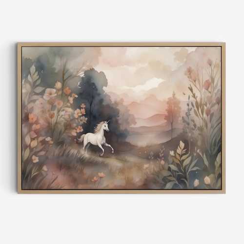 Whimsical Unicorn running in a Magical Fairy Tale Meadow, Unicorn Watercolor Painting, Aesthetic Unicorn Art, Enchanting Nursery Print.