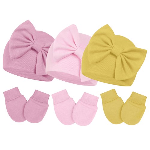 Zando 3Pcs Infant Hat and Gloves Set Soft Newborn Hats for Girls Knit Baby Hats with Bow No Scratch Mittens 0-3 Months
