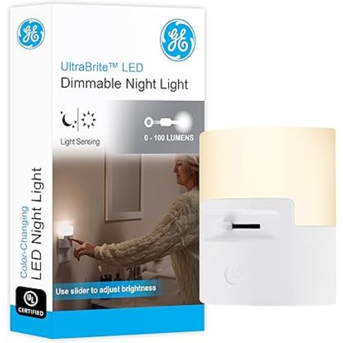 GE Ultrabrite LED Night Light, Dimmable, 100 Lumens, Plug-in, Dusk to Dawn Sensor, UL-Listed, Ideal for Bedroom, Bathroom, Nursery, Kitchen, Hallway, 45125, 1 Pack, White