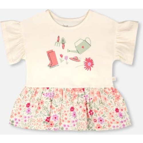 Organic Cotton Bi-Material Flutter Sleeves Flowers Print Tunic