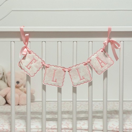 Personalized Pink Toile Name Banner – Baby Girl Name Garland for Nursery, Crib, or Baby Shower Decor – Custom Embroidered Appliqué Sign