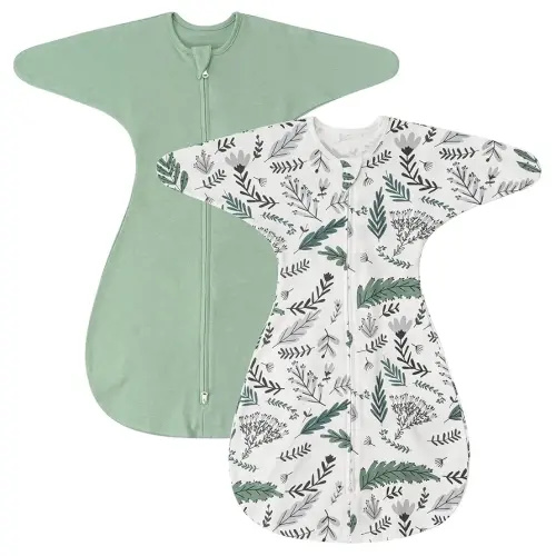 ZIGJOY Shark-Fin Transition Swaddle - 1.0 Tog Baby Sleep Sack Soft Cotton Transitional Swaddle Baby Wearable Blanket with 2-Way Zipper for All Seasons, Green&Leaf, 3-6 Months