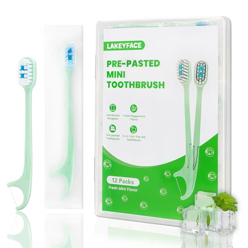 Lakeyface 5-in-1 Travel Toothbrush Set, Prepasted Disposable Mini Toothbrushes with Toothpaste + Tongue Scrapers + Floss + Pick for Work or Travel, Individually Wrapped, Mint, 12 Pack