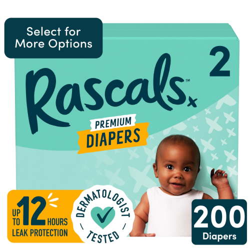 Rascal + Friends Premium Size 2 Diapers, 200 Count, Leak-Proof, Dermatologically Certified, Chlorine and Fragrance-Free