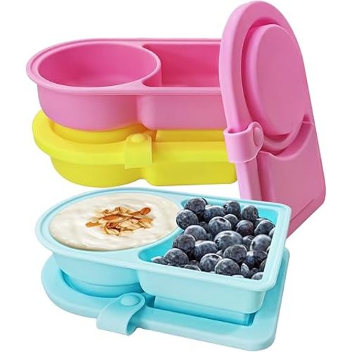 3 Pack Small Silicone Snack Containers with Lids for Baby, Reusable Food Storage Containers for Kids, Salad Dressing Container, Mini Double Compartment Snackle Box Container for Office, Picnic, School