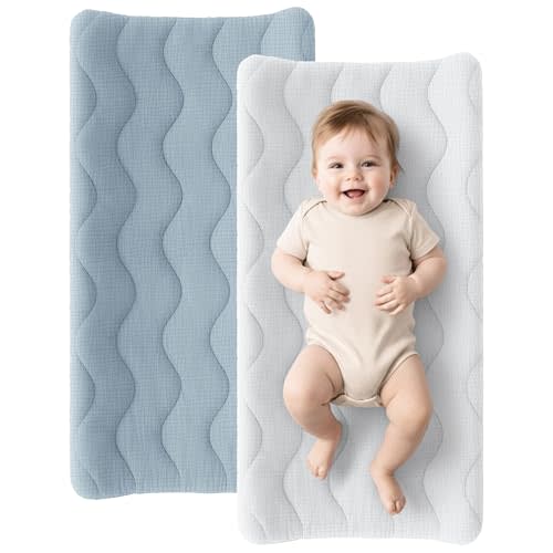 Konssy Waterproof Muslin Changing Pad Cover 2 Pack, 100% Cotton Quilted Diaper Changing Table Sheets, Soft Breathable Boho Nursery Bedding for Baby, Silent & Absorbent Standard Fit (Blue,Grey)