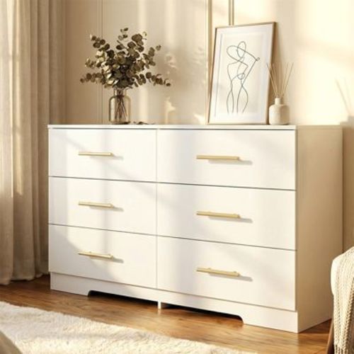 CIPACHO White 6 Drawer Dresser Wooden Dressers Chests of Drawers with Gold Handles Modern Double Dresser for Bedroom