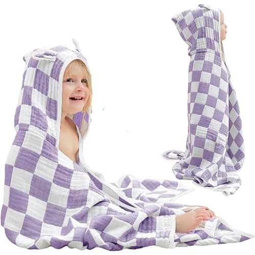 Ultra-Soft Muslin Toddler Hooded Towel - 55 x 28 Inches, Ideal for Bath & Beach, Suitable for Both Boys & Girls from Newborns to Toddlers（Lavender Check）