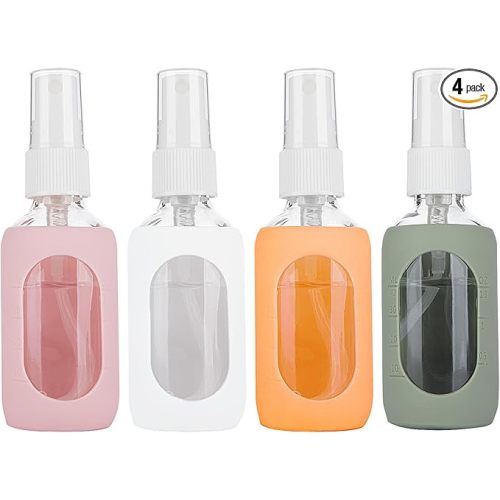 HOMBYS Empty Clear Glass 2oz Small Spray Bottles with Silicone Sleeve Protection - Refillable Containers for Travel, Cleaning Solutions, Essential Oils, Sanitizers - Fine Mist Spray - 4 Pack-Clear