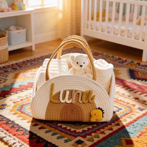 Personalized Baby Basket, Neutral Rainbow Diaper Caddy, Boho Nursery Organizer, Custom Rope Storage Bin, Rainbow Baby Gift