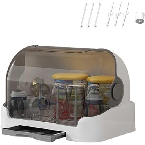 2025 Large Baby Bottle Organizer with Cover & Removable Drain Tray, Dustproof Portable Baby Bottle Drying Rack Reusable Bottle Rack Holder Storage,Maintain Cleanliness Hygiene (Gray)