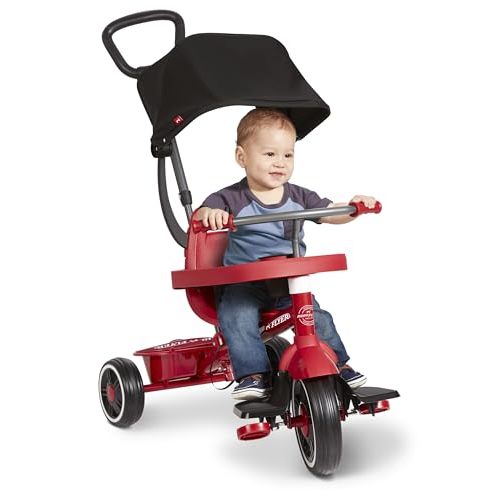 Radio Flyer Stroll N Trike Grows with Child, Converts from Parent Steering to Pedaling for Ages 1-5, Features Safety Harness, UV-Protection Canopy, Cup Holder, Toy Storage, and More, Amazon Exclusive