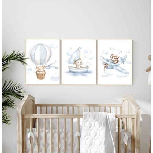 Blue Bear Nursery Art Set: Hot Air Balloon, Boat & Plane Prints