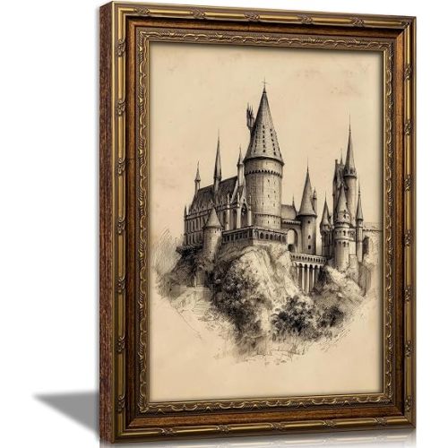 Vintage Gold Framed Canvas Wall Art Castle Sketch