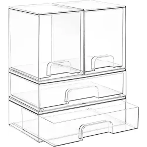 Vtopmart Clear Stackable Storage Drawers Set of 4, Plastic Organizer Bins for Makeup, Cosmetics, Beauty Supplies,Ideal for Vanity, Bathroom,Cabinet,Pantry Organization