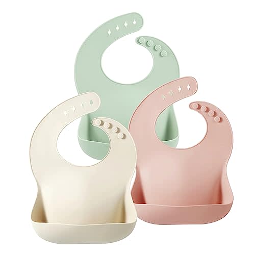 PandaEar Silicone Baby Bibs Set of 3 for Toddlers, BPA Free Waterproof Adjustable Feeding Bib with Large Pocket Food Catcher