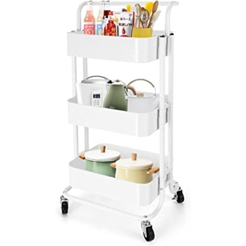 Amazon.com: 3 Tier Rolling Utility Cart, Metal Storage Organizer Cart on Lockable Wheels, for Kitchen,Bathroom,Office,Living Room (White) : Office Products