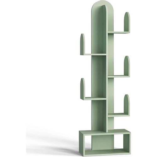 Cactus Tree Bookshelf, 5-Tier Wood 50" Tall Storage Rack for CDs/Movies/Books, Small Space-Saving Organizer Shelves for Living Room, Bedroom, Home Office (Mist Green)