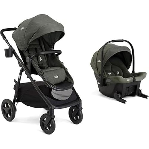 Joie Ginger and Mint Latch Travel System – 4-in-1 Travel System with Base-Free Infant Car Seat & Stroller, Built-in Latch for Easy Install and an Included All-Terrain Stroller (Evergreen)