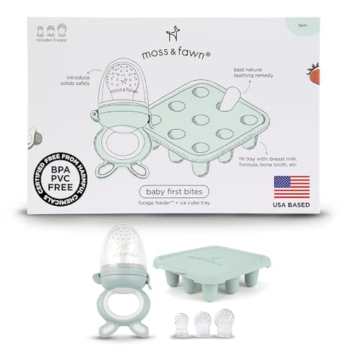 Moss and Fawn Baby's First Bites Bundle - Silicone Frozen Breast Milk Popsicle Kit with Forage Feeder & Teething Popsicle Ice Cube Tray - BPA, PVC, & Lead-Free - Fern