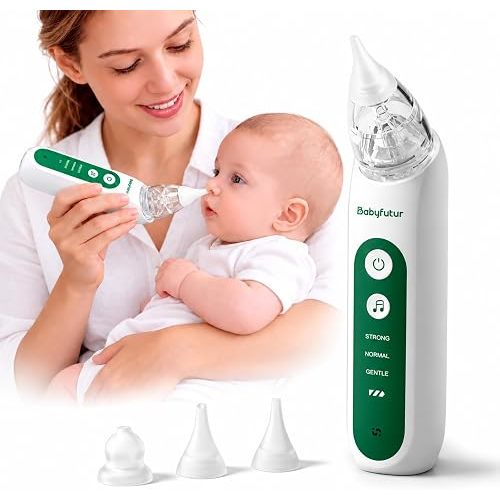 Babyfutur Electric Nasal Aspirator for Babies, Baby Nose Sucker | Removes Mucus & Boogers, One-Hand Operation, 3 Suction Levels, 3 Soft Silicone Tips, Built-in Music, Easy to Clean