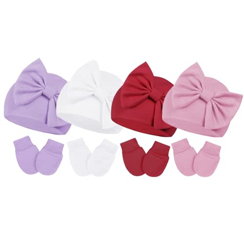 Century Star Newborn Baby Girl Hats and Mittens Set, Hospital Hat, Bow Beanie Infant Gift, Soft Cotton Gloves for 0-6 Months