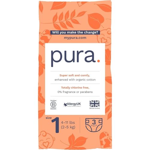 Pura Sensitive Skin Try Me Pack Baby Diapers Trial Pack, Size 1 (4–11 lbs), Totally Chlorine Free, Wetness Indicator, Soft & Gentle, Overnight, Hypoallergenic, Plant-Based 3- Diaper Trial Pack