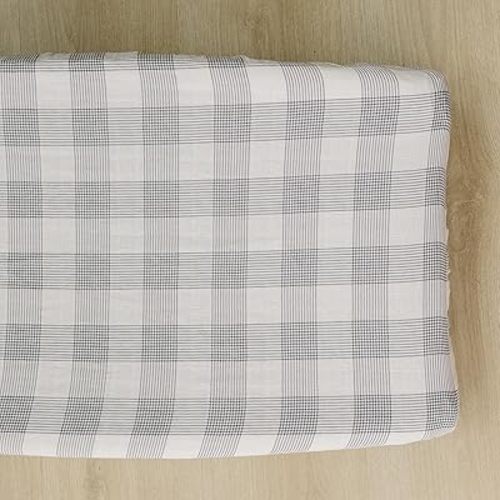 Mebie Baby Changing Pad Cover, Coastal Plaid, 100% Muslin Cotton Changing Table Pad Cover for Baby Boy and Girl, Designer Nursery Decor Covers, Diaper Changing Pad Cover for Changing Station