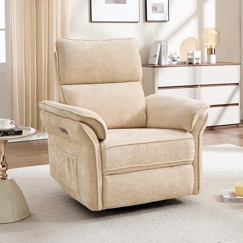 Rhevoy Oversized Power Recliner Chair Swivel Glider with Massage and Heat, Rocker Nursery Recliner for Adults with Adjustable Headrest, 24" Extra Wide Nursery Chair with Overstuffed Armrest,Beige
