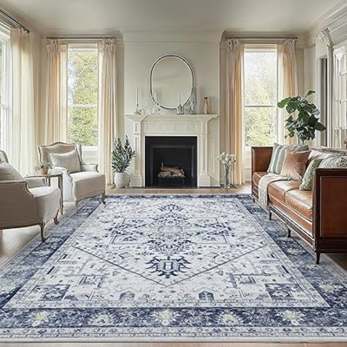 AMADA HOMEFURNISHING 8x10 Area Rugs, Low-Profile Large Washable Area Rug with Non-Slip Backing & Durable Edge Binding, Vintage Rugs for Living Room, Bedroom, Dinning Room