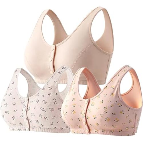 3Pack Women's Organic Cotton Front Snap Bra, Seamless Wirefree Comfort Bra with Pads Plus Size Nursing Sleep Bra