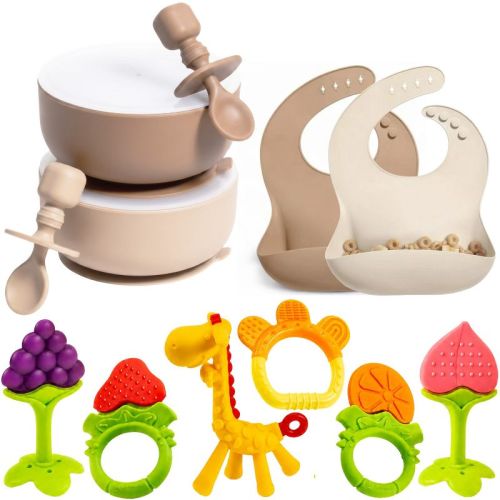 Silicone Baby Feeding Set, Suction Bowls with Lids, Adjustable Bibs, Teething Toys for Babies 0-6 Months, BPA Free Dishwasher & Freezer Safe - Neutral